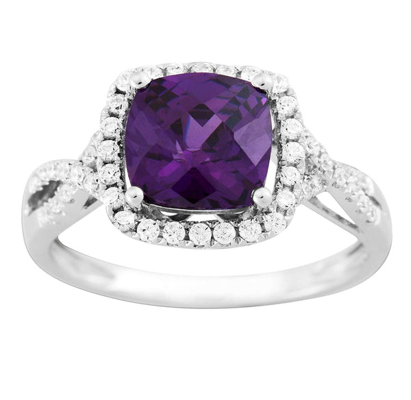 Cushion-Cut Purple CZ Halo Soft Square Rhodium-Plated Sterling Silver Ring
