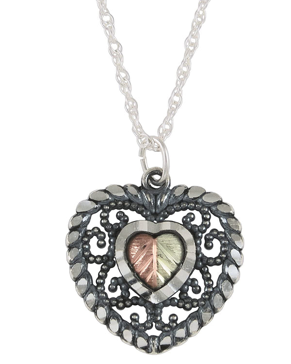 Heart Antiqued Pendant Necklace, Sterling Silver, 12k Green and Rose Gold Black Hills Gold Motif, 18''