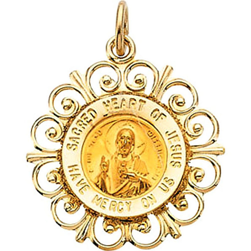 Rhodium Plated 14k Yellow Gold Round Sacred Heart of Jesus Medal (18.5 MM)