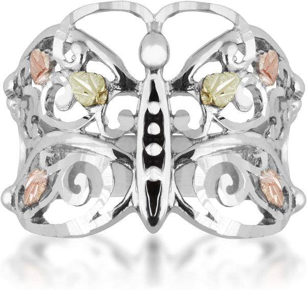 Diamond-Cut Antiqued Butterfly Ring, Sterling Silver 12k Green and Rose Gold Black Hills Gold Motif, Size 3.5