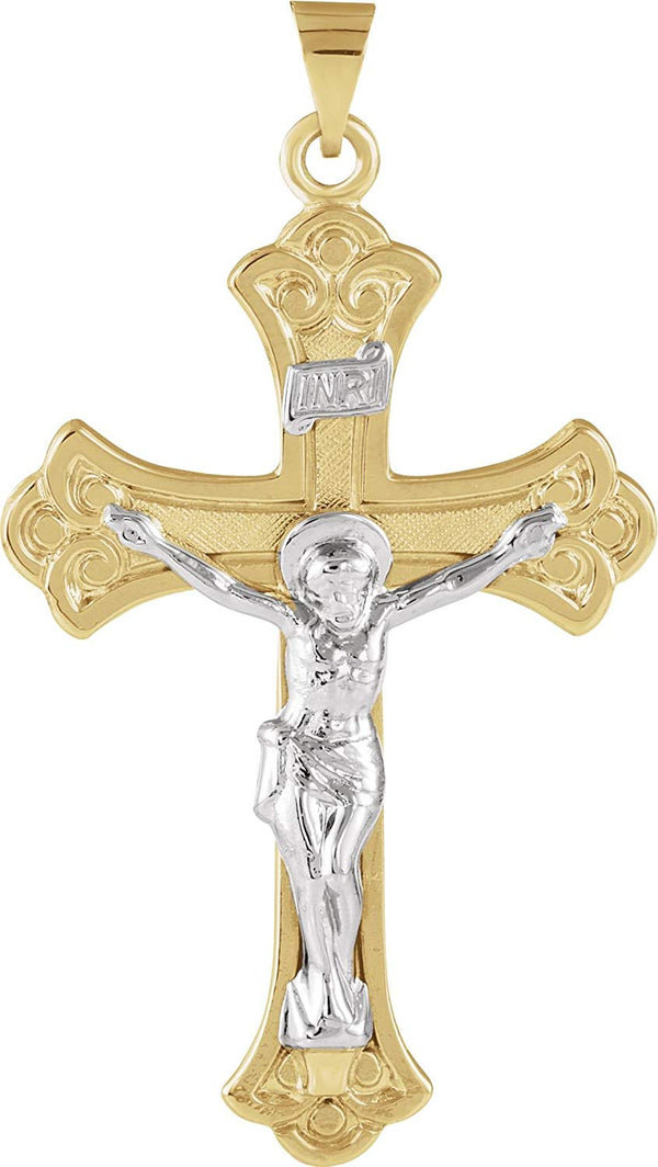 Two-Tone Fleur-de-Lis Crucifix 14k Yellow and White Gold Pendant (45X31MM)