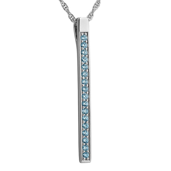 Light Blue CZ High Polish Bar Pendant Necklace, Rhodium Plated Sterling Silver, 18"