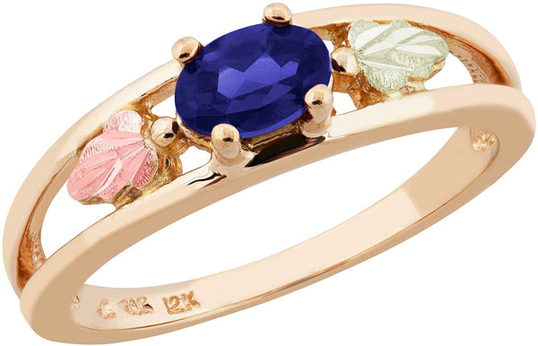 Oval Created Blue Sapphire Ring, 10k Yellow Gold, 12k Green and Rose Gold Black Hills Gold Motif, Size 8.25