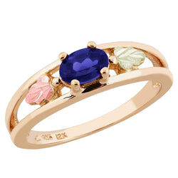 Oval Created Blue Sapphire Ring, 10k Yellow Gold, 12k Green and Rose Gold Black Hills Gold Motif