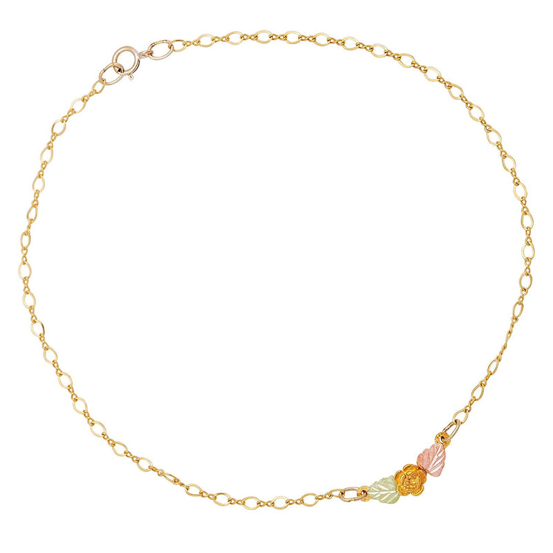 Petite Rose Flower Anklet Bracelet, 10k Yellow Gold, 12k Green and Rose Gold Black Hills Gold Motif