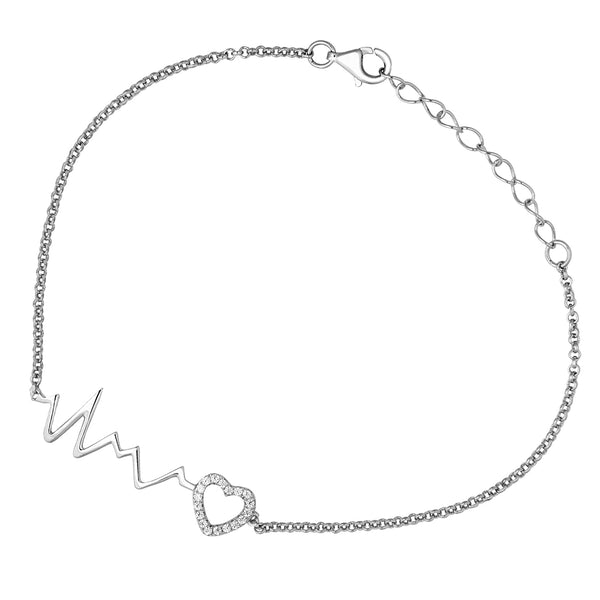 Heart Beat CZ Rhodium Plated Sterling Silver Bracelet. 7.5" (Adjustable)