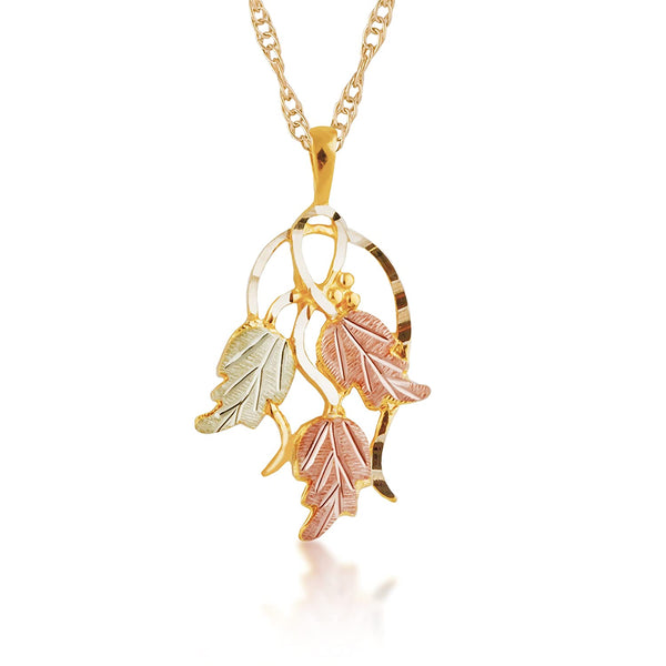 Frosty Three Leaves Pendant Necklace, 10k Yellow Gold, 12k Green and Rose Gold Black Hills Gold Motif, 18"