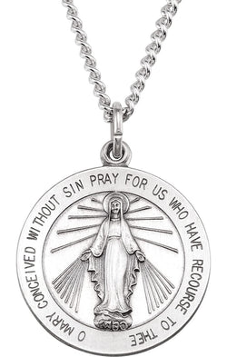 Rhodium Plated Sterling Silver Miraculous Medal with Curb Chain Necklace, 24" (22.25 MM)