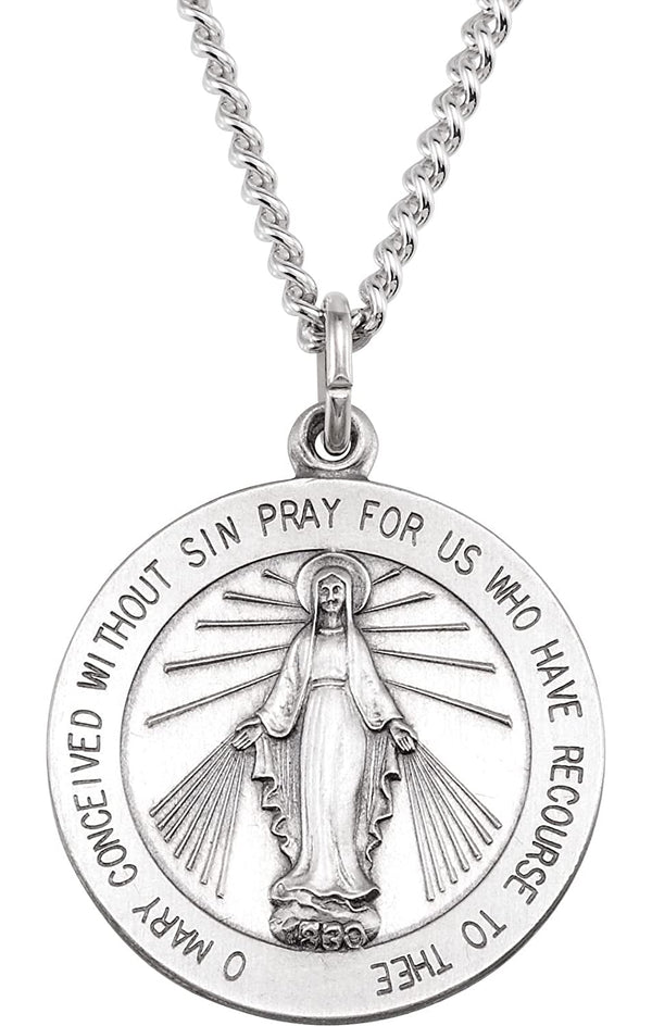 Rhodium Plated Sterling Silver Miraculous Medal with Curb Chain Necklace, 24" (22.25 MM)