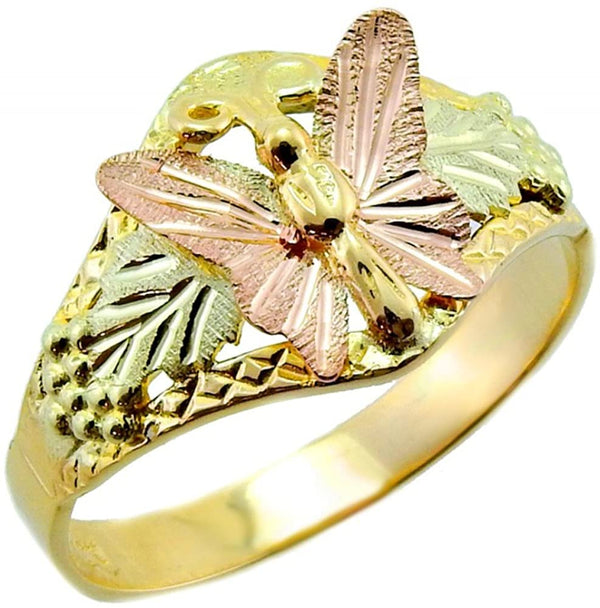 Diamond-Cut Butterfly Ring, 10k Yellow Gold, 12k Green and Rose Gold Black Hills Gold Motif, Size 7.75