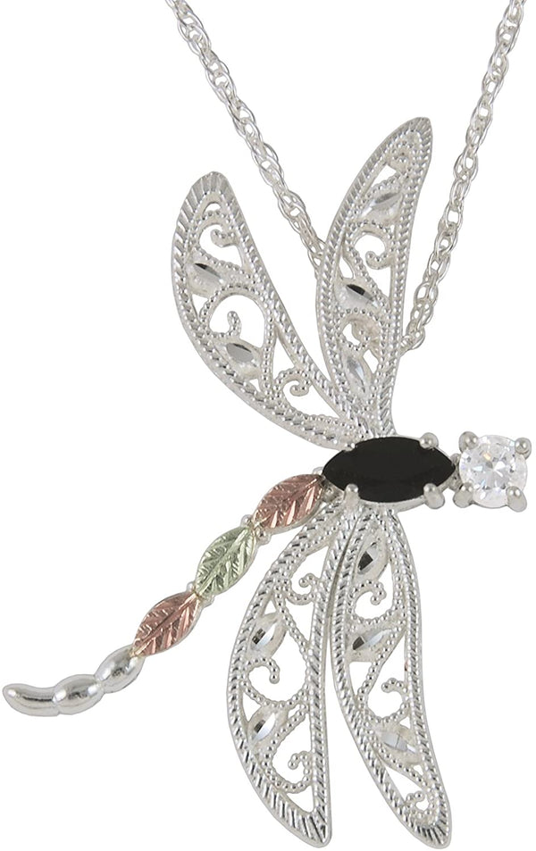 The Men's Jewelry Store (for HER) Onyx and CZ Dragonfly Pendant Necklace, Sterling Silver, 12k Green and Rose Gold Black Hills Gold Motif, 18''
