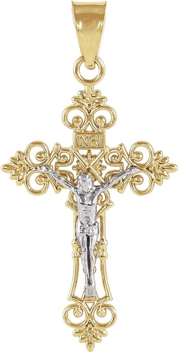 Two-Tone Filigree Crucifix 14k Yellow and White Gold Pendant (42.5X28MM)