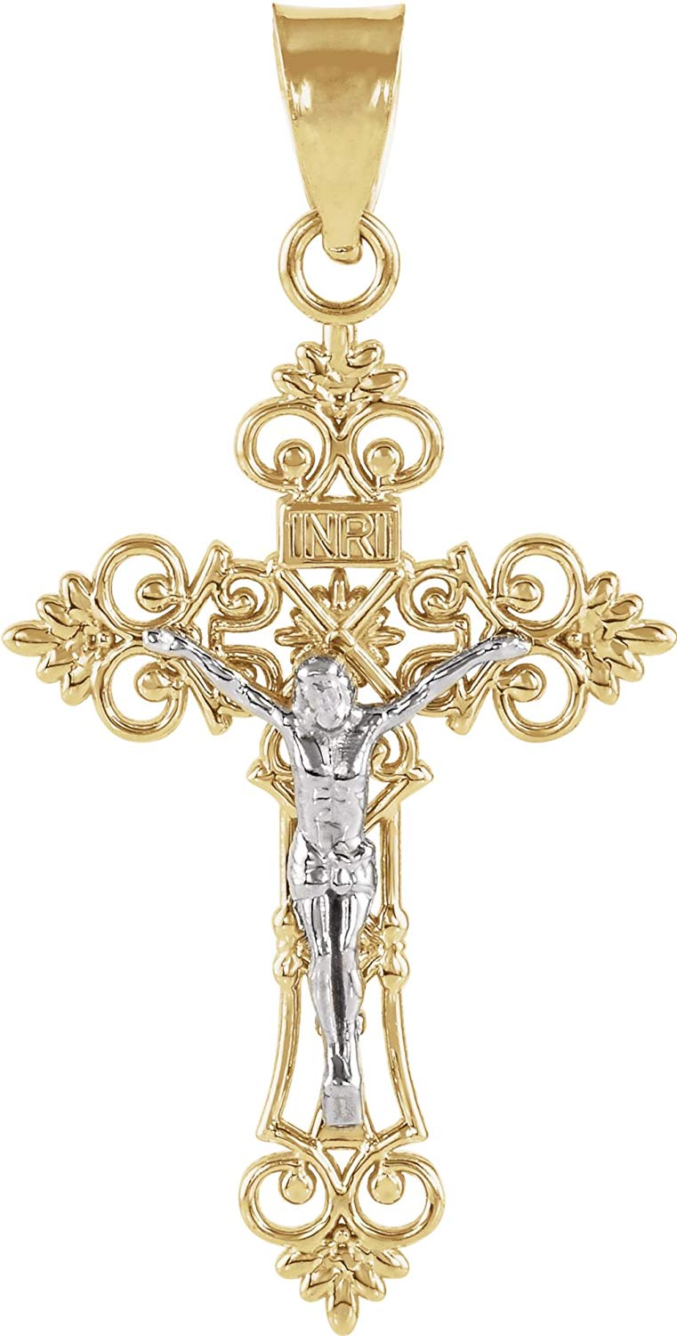 Two-Tone Filigree Crucifix 14k Yellow and White Gold Pendant (42.5X28MM)
