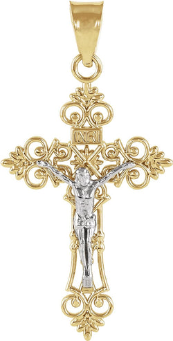 Two-Tone Filigree Crucifix 14k Yellow and White Gold Pendant (74.5X49MM)