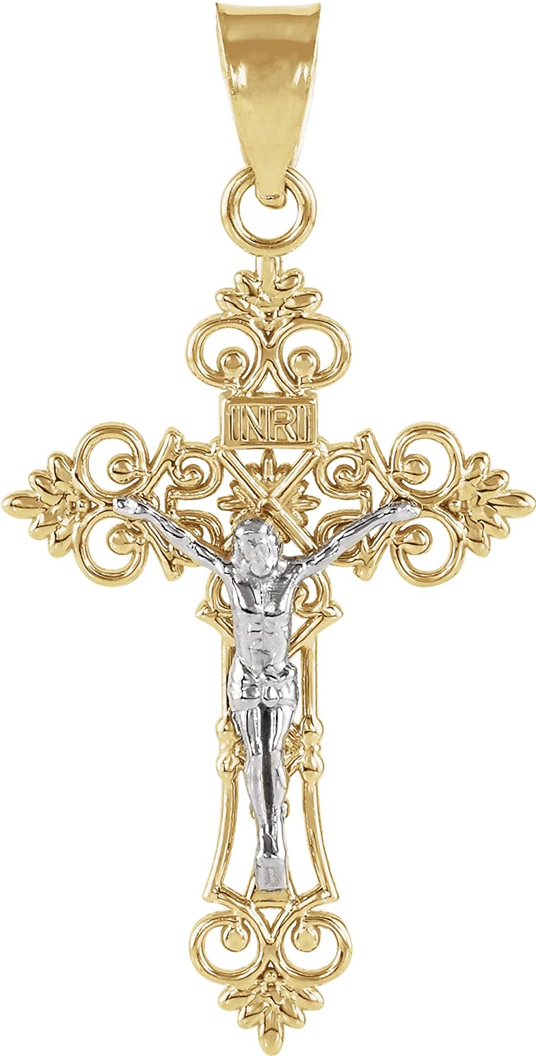 Two-Tone Filigree Crucifix 14k Yellow and White Gold Pendant (74.5X49MM)