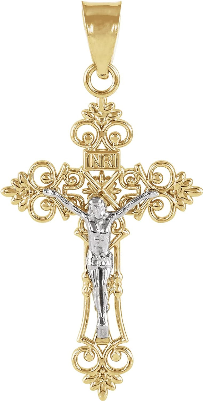 Two-Tone Filigree Crucifix 14k Yellow and White Gold Pendant (27X18MM)