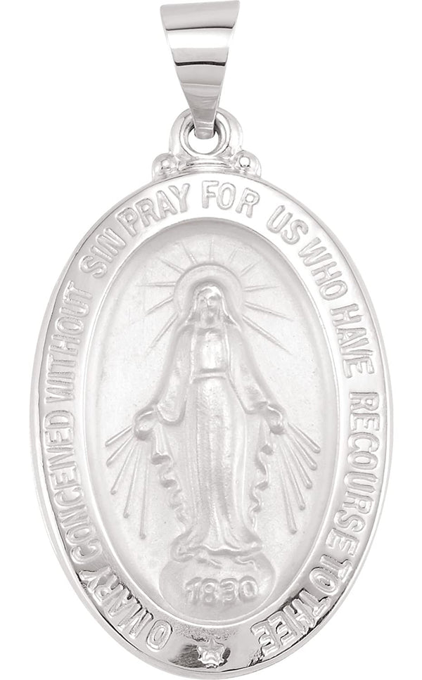 14k White Gold Oval Hollow Miraculous Medal (25x17.75 MM)