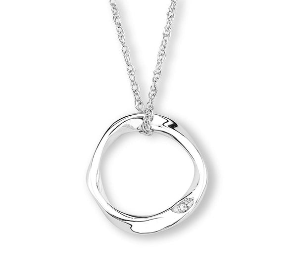 Diamond Mirror Polished Circle Silhouette Pendant Necklace, Rhodium Plated Sterling Silver, 18" (.005 Ct)