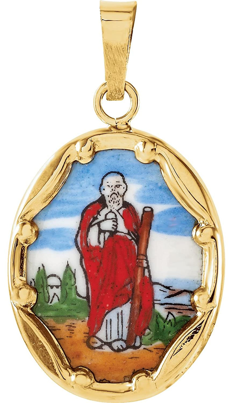 14k Yellow Gold St. Jude Hand-Painted Porcelain Medal (13x10MM)