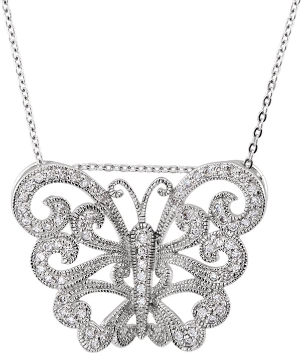 Vintage-Style Butterfly CZ Necklace Rhodium-Plate Sterling Silver Necklace, 18"