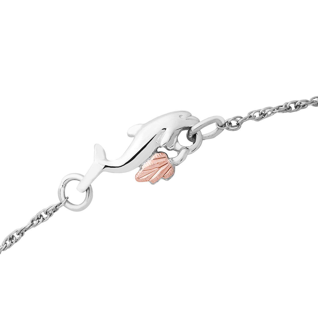 Petite Dolphin Ankle Bracelet, Sterling Silver, 12k Rose Gold Black Hills Gold Motif, 9.25"