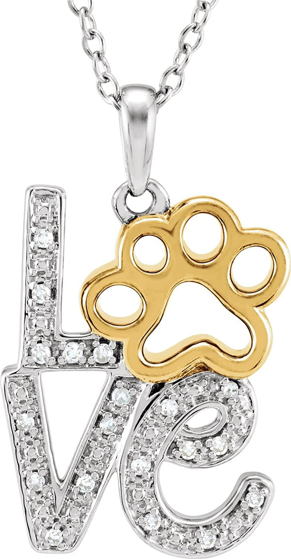 Diamond 'Love' Paw Print Sterling Silver and Yellow Gold Plate Necklace, 18" with Charm Pet Collar Tag