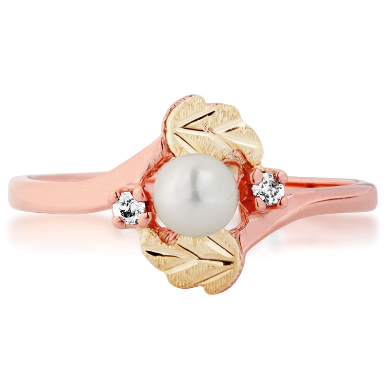 White Freshwater Cultured Pearl and Diamond 10k Rose Gold Ring, 12k Green Gold Black Hills Gold Motif (4 MM) ( .0625 Ctw)