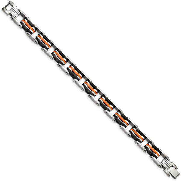 Men's Stainless Steel 9mm Black and Orange Rubber Bracelet, 8.5 Inches