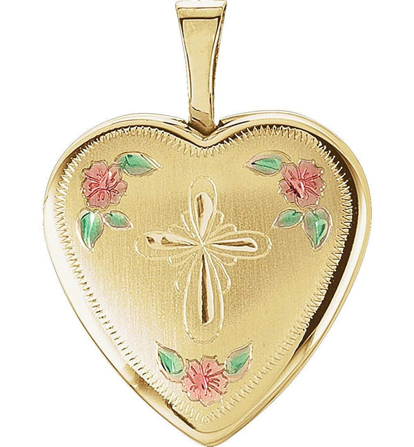 Infinity Cross and Roses 14k Yellow Gold Heart Locket Pendant (15.75X15.75 MM)