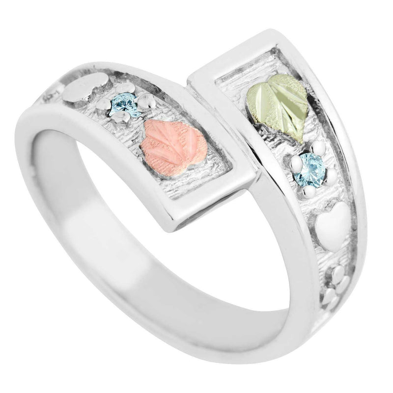 March Birthstone Created Aquamarine Bypass Ring, Sterling Silver, 12k Green and Rose Gold Black Hills Silver Motif