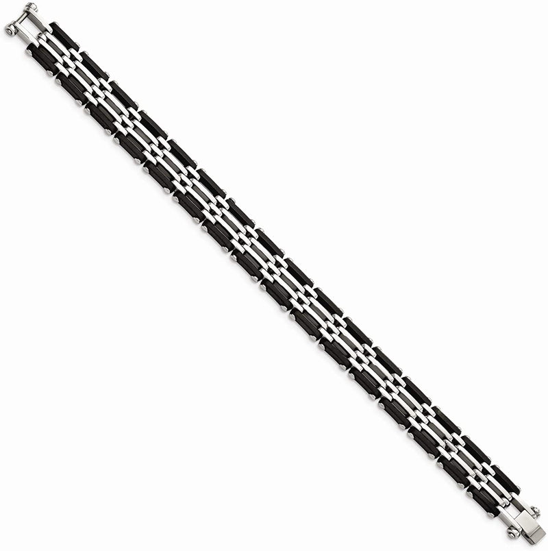 Men's Stainless Steel 12mm Black Rubber Bracelet, 8.25 Inches