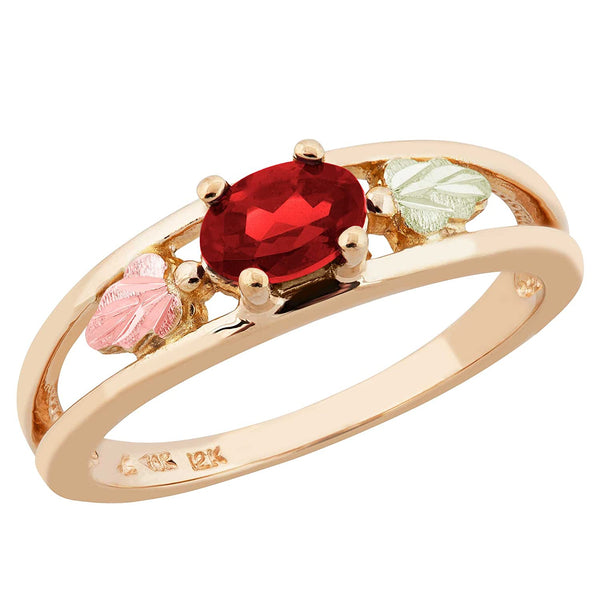 Oval Created Ruby Ring, 10k Yellow Gold, 12k Green and Rose Gold Black Hills Gold Motif