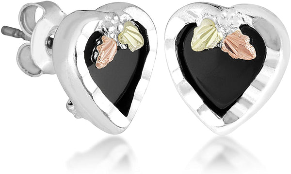 Onyx Heart Earrings, Sterling Silver, 12k Green and Rose Gold Black Hills Gold Motif