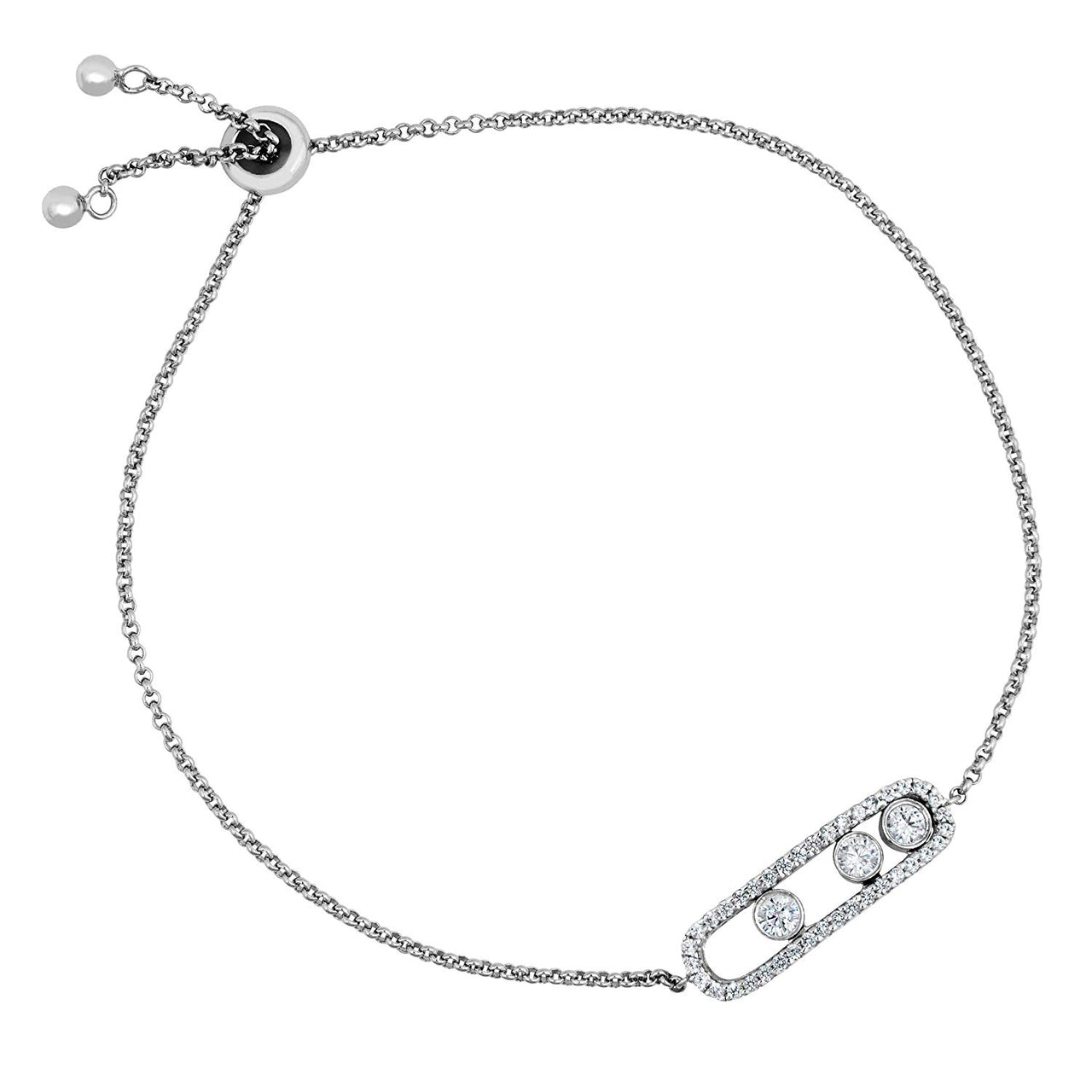 Past, Present, Future Sliding CZ Silhouette Rhodium Plated Sterling Silver Bolo Bracelet, 8"