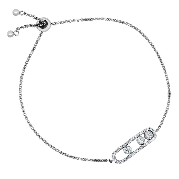 Past, Present, Future Sliding CZ Silhouette Rhodium Plated Sterling Silver Bolo Bracelet, 8"