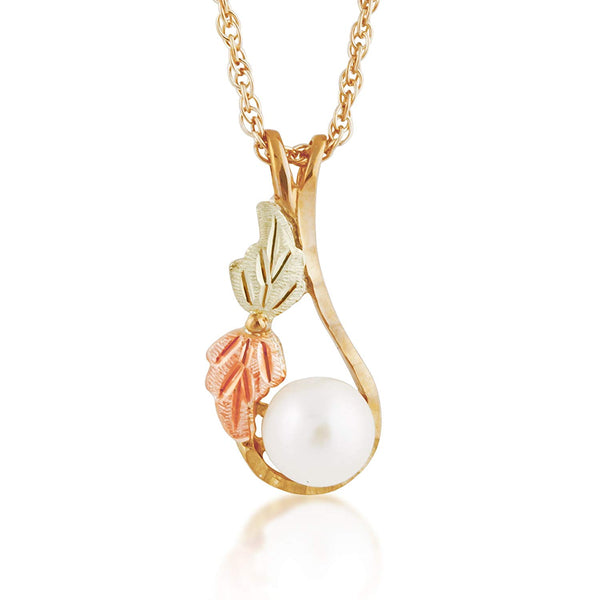 White Fresh Water Pearl and Leaves Pendant Necklace, 10k Yellow Gold, 12k Green and Rose Gold Black Hills Gold Motif, 18" (6-6.5 MM)