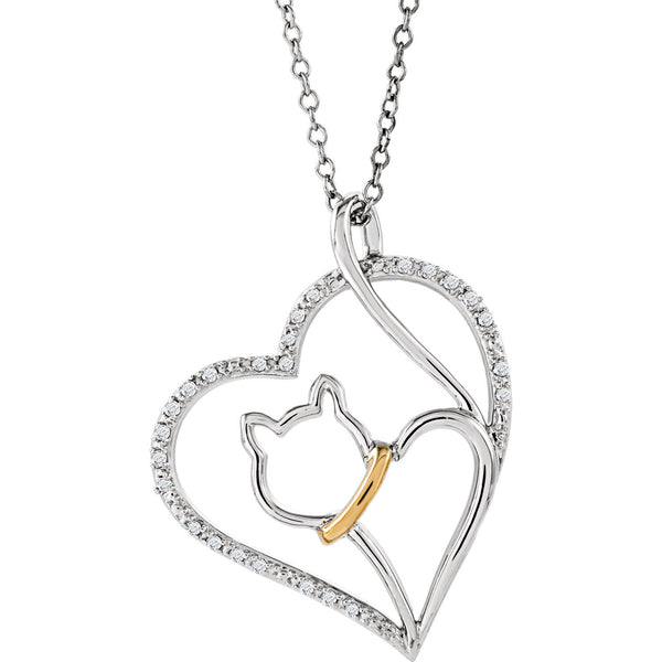 Cat Lover's Diamond Heart Necklace, Sterling Silver and 10k Yellow Gold Necklace, 18" with Charm Pet Collar Tag