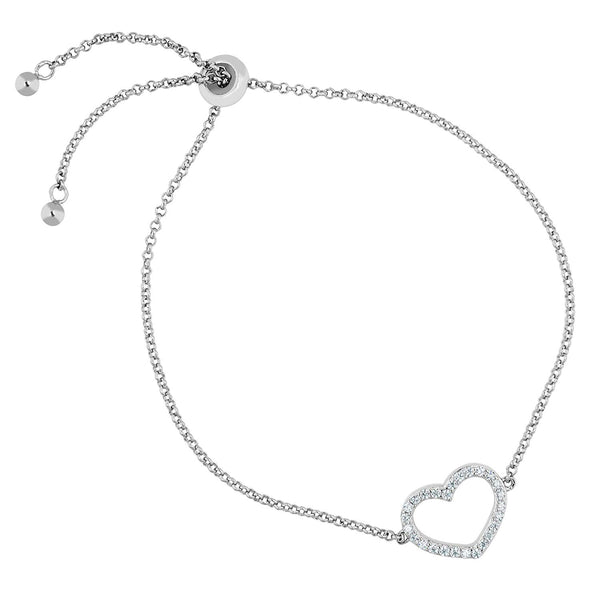 Petite Heart CZ Rhodium Plated Sterling Silver Bolo Bracelet, 8"