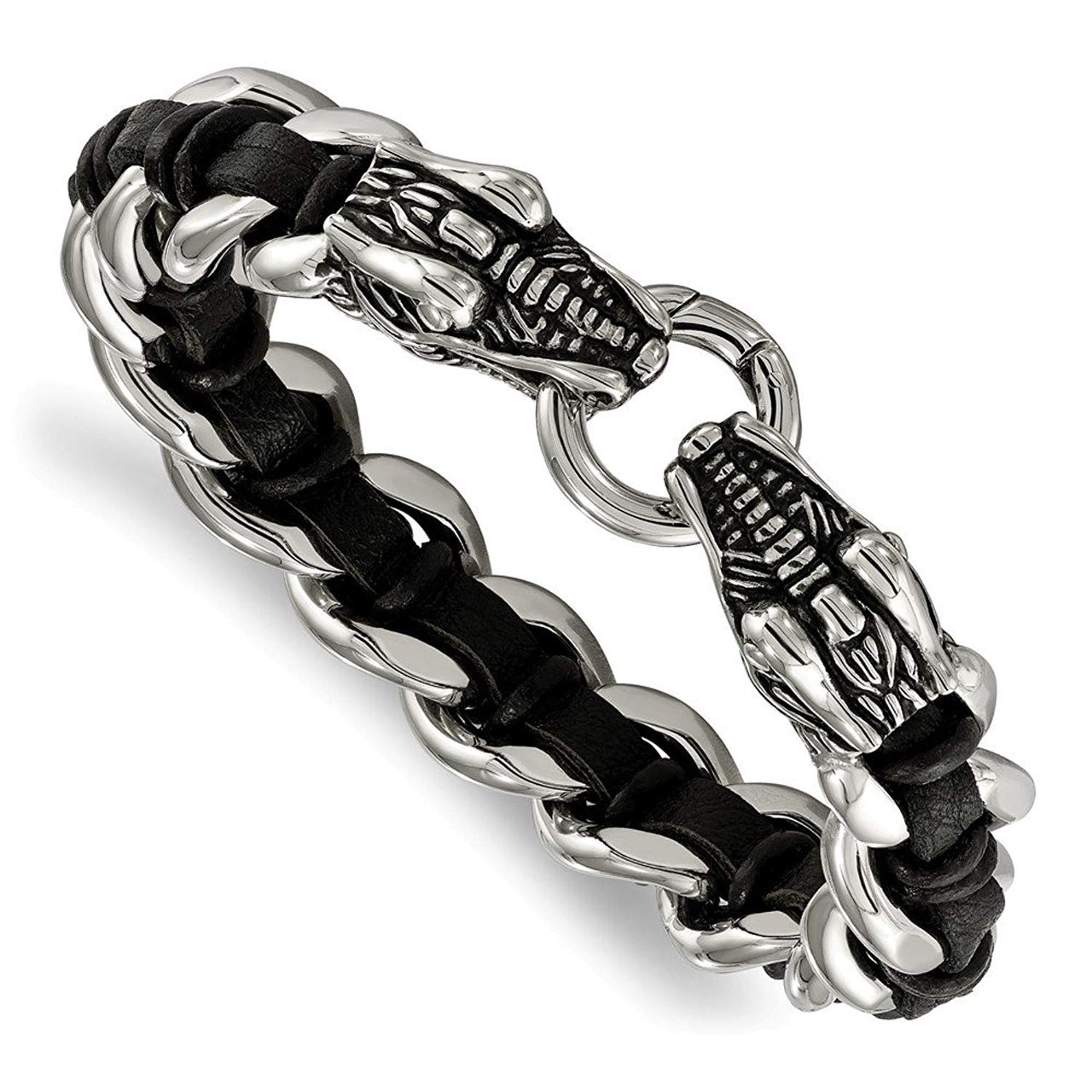 Men's Polished Stainless Steel Black Leather Antiqued Dragon Head Bracelet, 8.5"