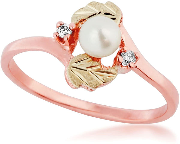 White Freshwater Cultured Pearl and Diamond 10k Rose Gold Ring, 12k Green Gold Black Hills Gold Motif, Size 8.5