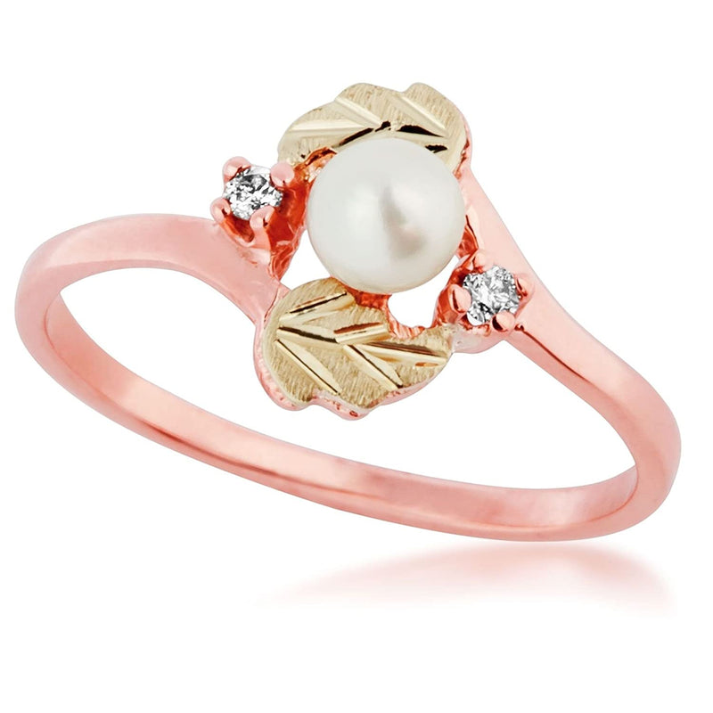 White Freshwater Cultured Pearl and Diamond 10k Rose Gold Ring, 12k Green Gold Black Hills Gold Motif (4 MM) ( .0625 Ctw)