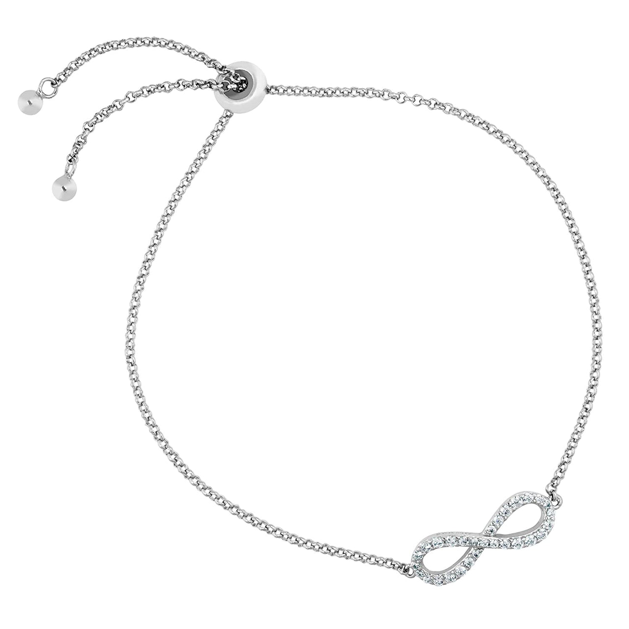 Infinity CZ Rhodium Plated Sterling Silver Bolo Bracelet, 8"