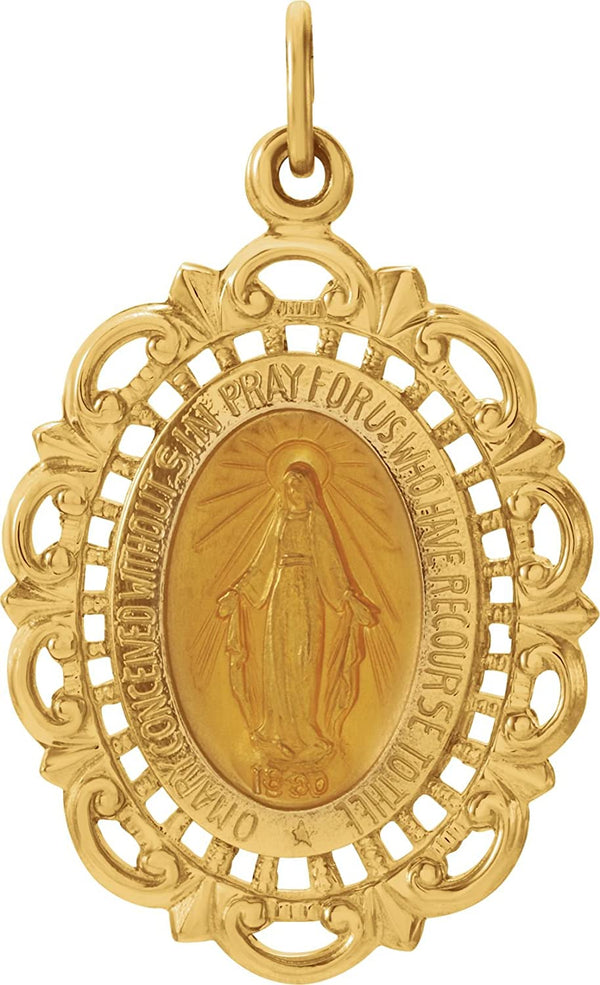 14k Yellow Gold Oval Filigree Miraculous Medal (25x18 MM)