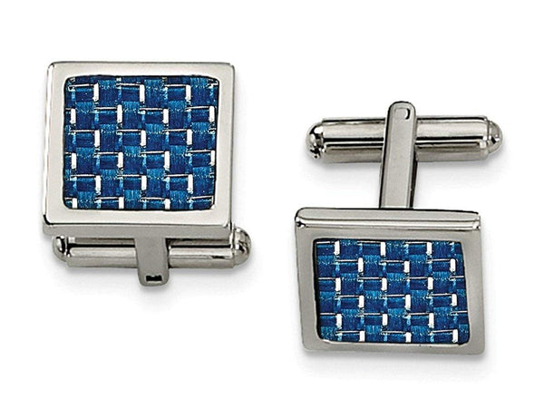 Stainless Steel Polished, Blue Carbon Fiber Inlay Square Cuff Links, 16MMX16MM