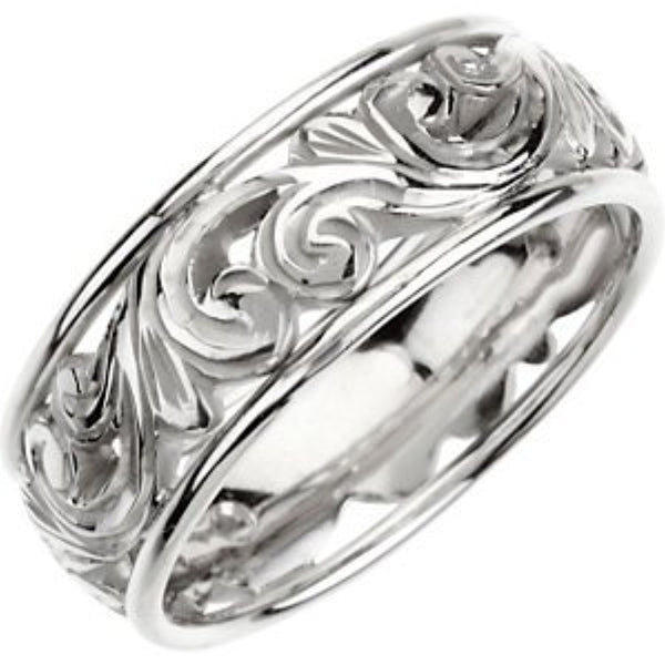 Hand-Engraved Fancy Brocade 9.5mm 14k White Gold Comfort-Fit Band