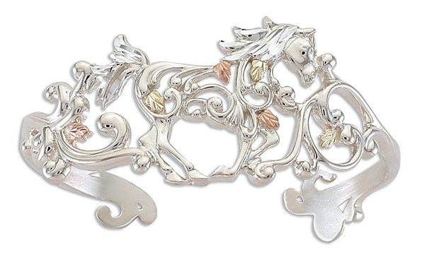 Scrollwork Horse Cuff Bracelet, Sterling Silver, 12k Green and Rose Gold Black Hills Gold Motif, 6.75"