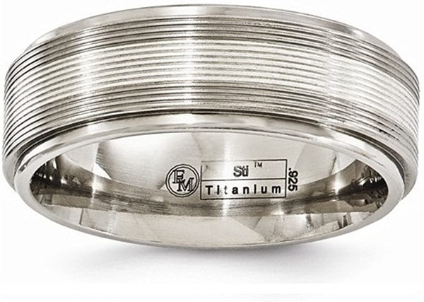 Edward Mirell Titanium with Sterling Silver Textured Line Step Edge Grooved 7.5mm Wedding Band, Size 7