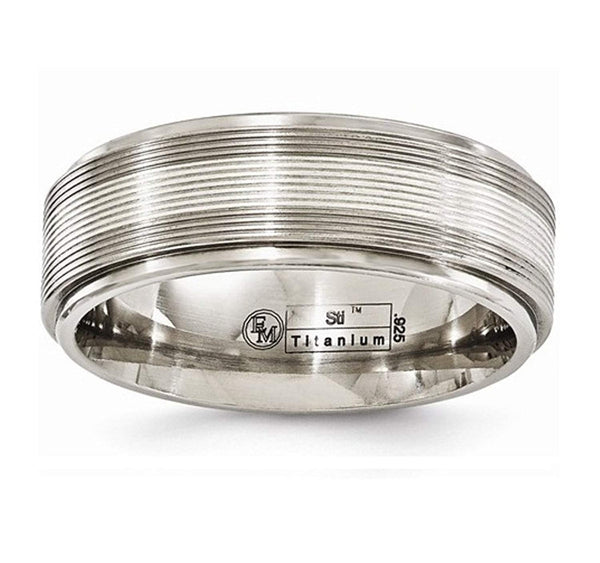 Traction Band Collection Gray Titanium with Argentium Sterling Silver Inlay Grooved 7.5mm Band