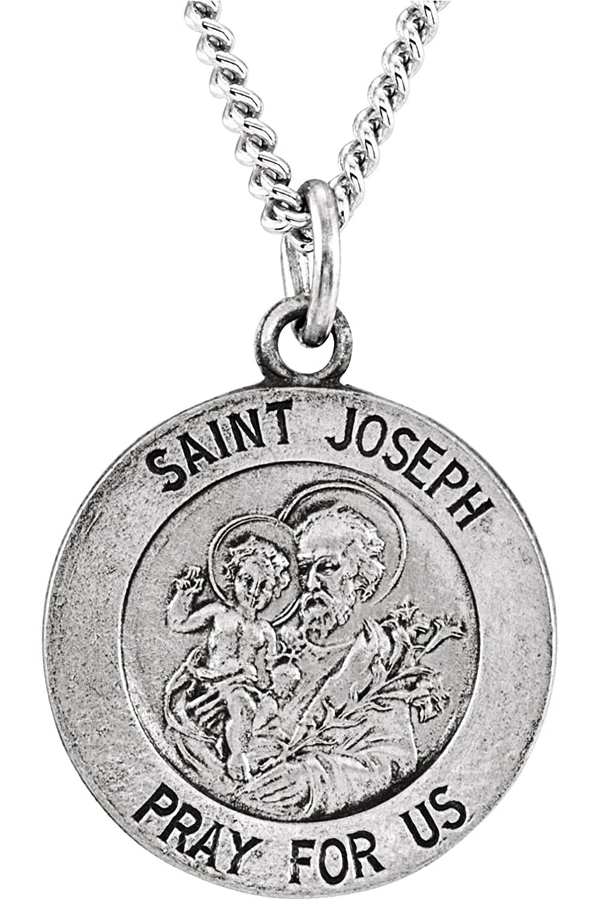Sterling Silver Round St. Joseph Medal Necklace