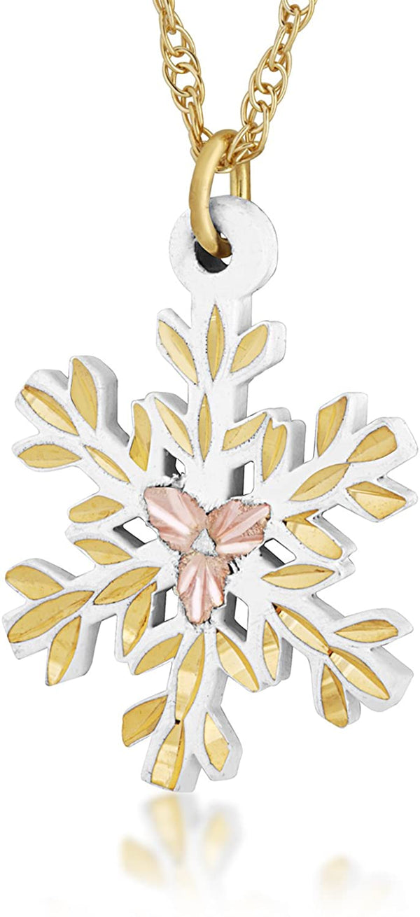 White Powder Coat Snow Flake Pendant Necklace, 10k Yellow Gold, 12k Green and Rose Gold Black Hills Gold Motif, 18"